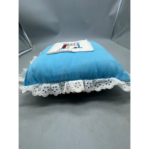 Handmade Blue Throw Pillow Cross Stitch Child bird Design White Lace Trim READ - Picture 3 of 8